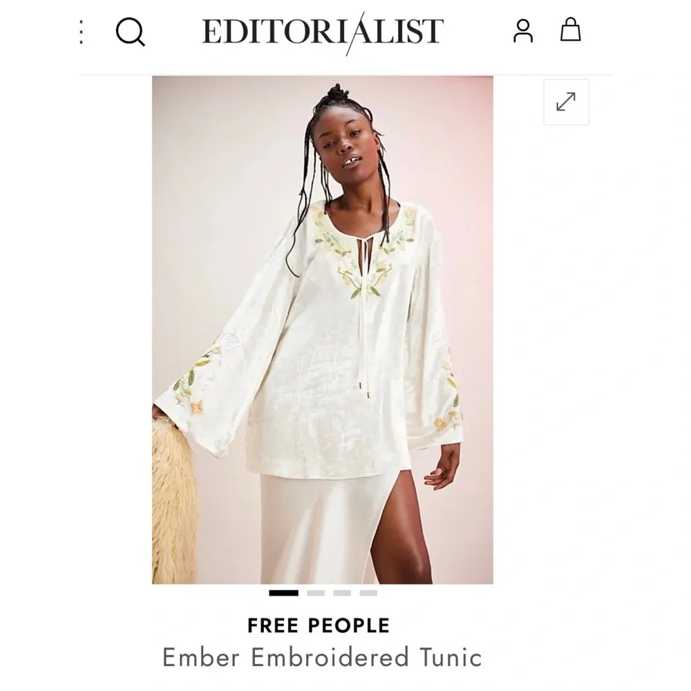 NWT FREE PEOPLE Ember Velvet Tunic with Floral Embroidery in Cream